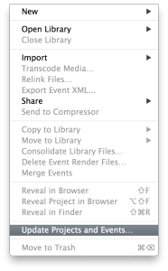 To get FCP X 10.1 to update a new selection of Events and Projects, select from the File menu.